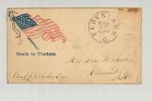 Mrs. Lucy M. Sanborn, Claremont, NH 1861 Death to Traitors illustration, Perkins Collection 1861 to 1933 Envelopes and Postcards